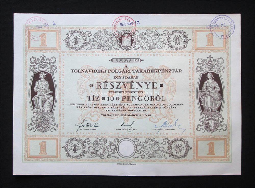 Tolnavidéki Polgári Takarékpénztár részvény 10 pengő 1926